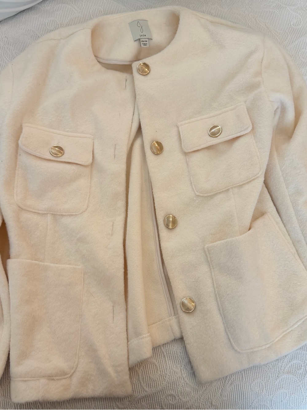Joie Cream Collarless Wool-Blend Jacket with Gold Buttons